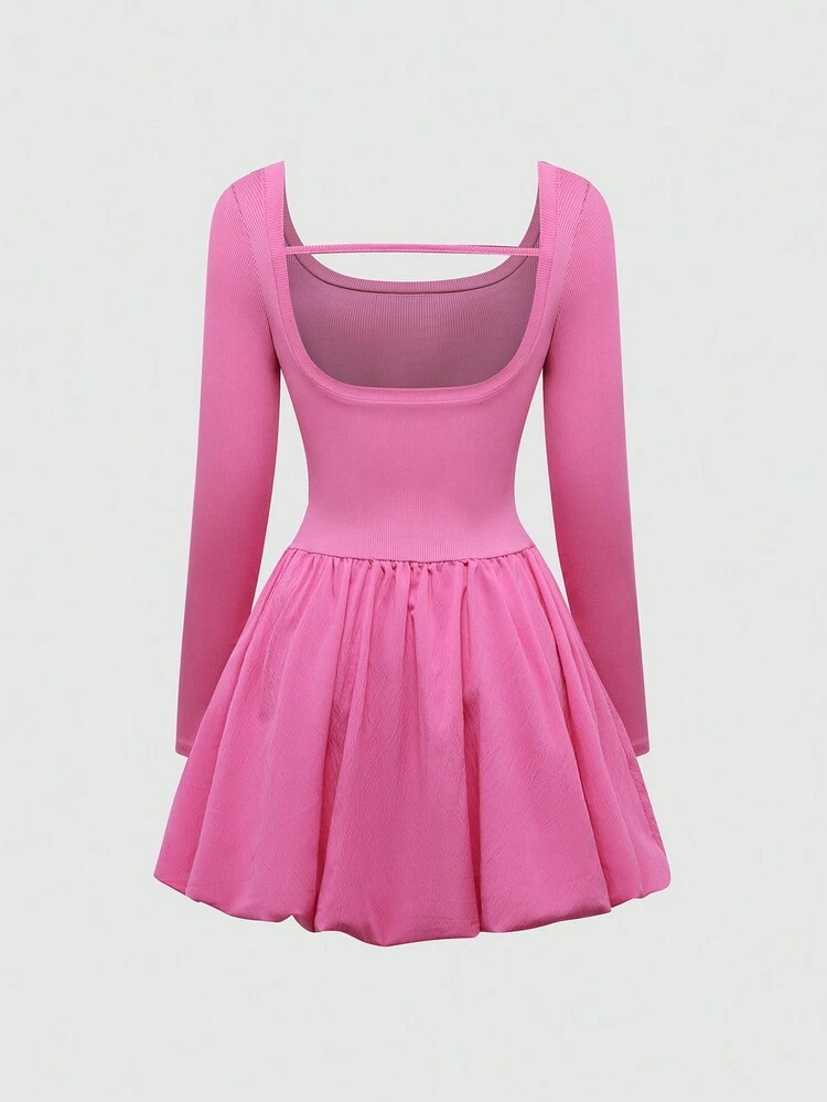 Women'S Solid Color Round Neck Ruffle Hem A-Line Dress Fall Cloth For Women