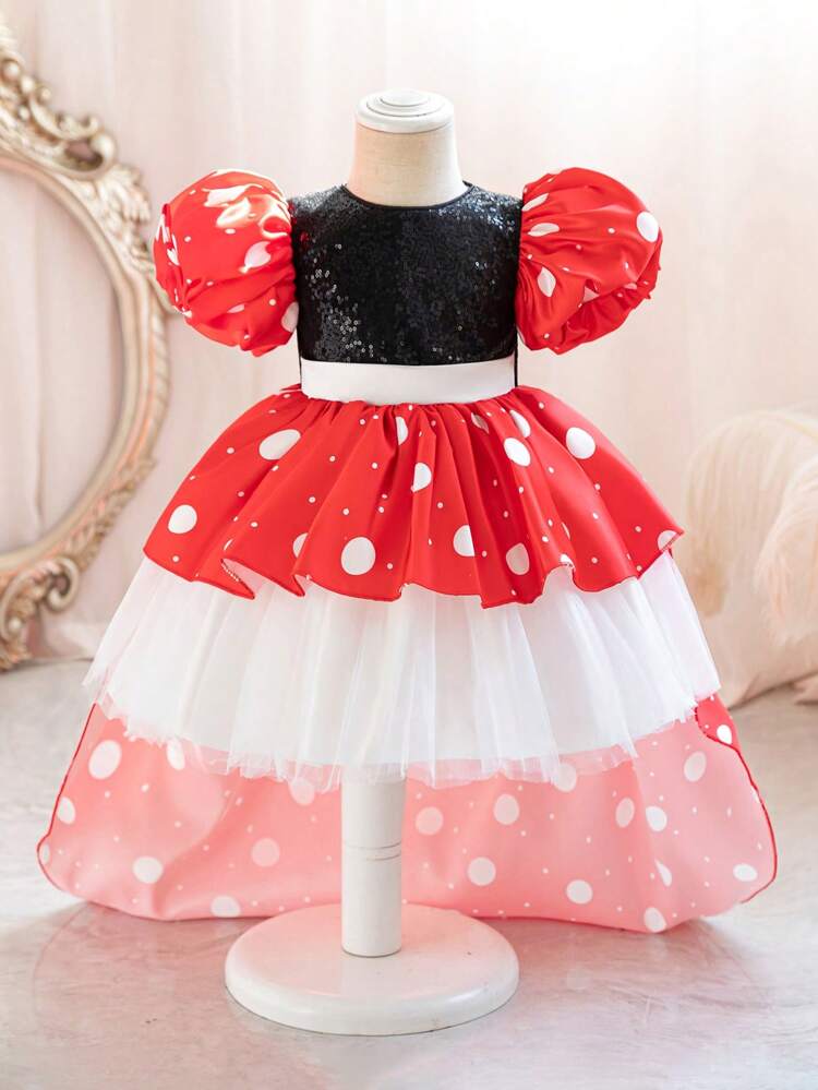 Baby Girl Color Block Polka Dot Printed Formal Dress, Suitable For Birthday Party, Evening, Wedding And Other Special Occasions