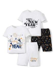 SHEIN 4入組男孩新年標語印花休閒圓領t恤和短褲緊身家居服 - 彩色 - 查看 1