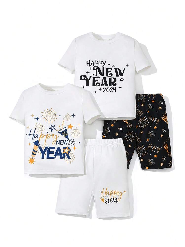 4pcs/Set Young Boy New Year Slogan Printed Casual Round Neck T-Shirt And Shorts Snug Fit Homewear