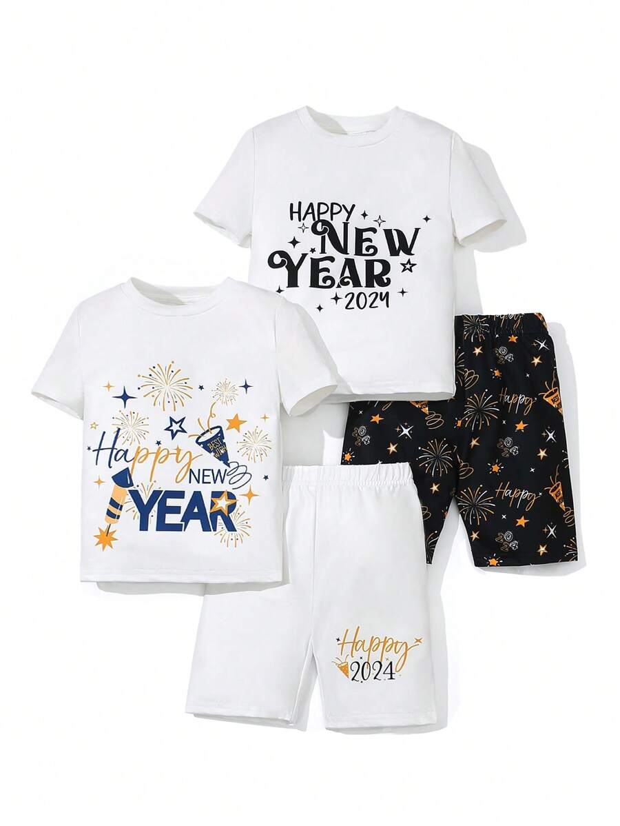 SHEIN 4入組男孩新年標語印花休閒圓領t恤和短褲緊身家居服 - 彩色 - 查看 1