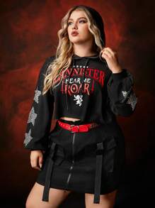 Game of Thrones X SHEIN Plus Size Letter & Rhinestone Decor Star Pattern Drawstring Hoodie