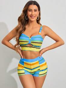 SHEIN Swim 女款拼色緊身吊帶比基尼上衣 Carnival - 彩色 - 查看 5