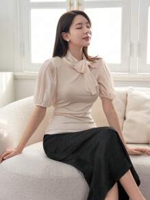 DAZY 女士短袖泡泡袖t恤,有蝴蝶結領 - 杏色 - 查看 6