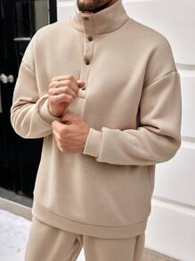 Manfinity Homme 男士下垂肩一半釦式運動衫和運動長褲套裝 - 卡其色 - 查看 6