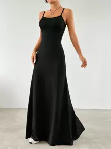 SHEIN EZwear 露背吊帶大擺連身裙 - 黑色 - 查看 3