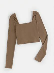 Muchica Áo thun Xù màu trơn Giải trí - Màu nâu  Mocha - Xem 2