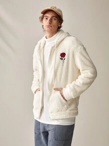 Manfinity VCAY 宽松男士针织休闲毛绒外套，饰有玫瑰刺绣 - 白色 - 查看 3