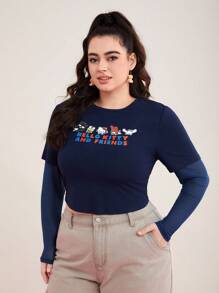 HELLO KITTY AND FRIENDS | SHEIN 卡通標語印花2合1上衣（大尺碼） - 藏蓝色 - 查看 1