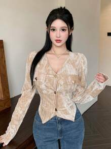 DAZY Của phụ nữ Cổ chữ V Tay áo dài Nút lên Áo sơ mi - Màu vàng - Xem 1