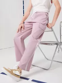 SHEIN 青少年男孩粉紅色縫線搭配工人口袋直筒褲 - 粉色 - 查看 4