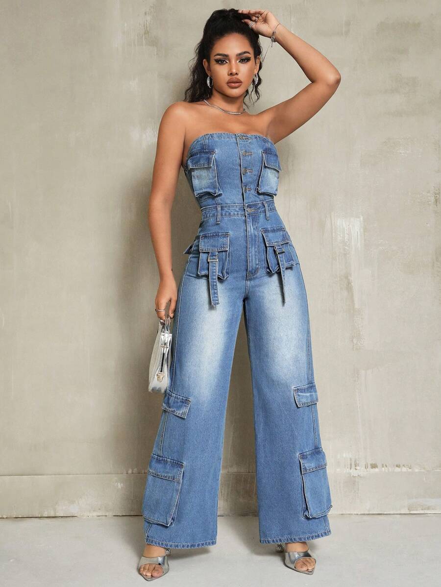 SHEIN SXY 附蓋口袋水洗牛仔背帶褲連身褲 - 淺色水洗藍 - 查看 1