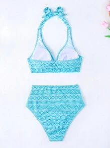 SHEIN Swim 女士纯色镂空比基尼套装，高腰两件套比基尼套装泳装泳衣沙滩装夏季度假夏日海滩 - 藍色 - 查看 4