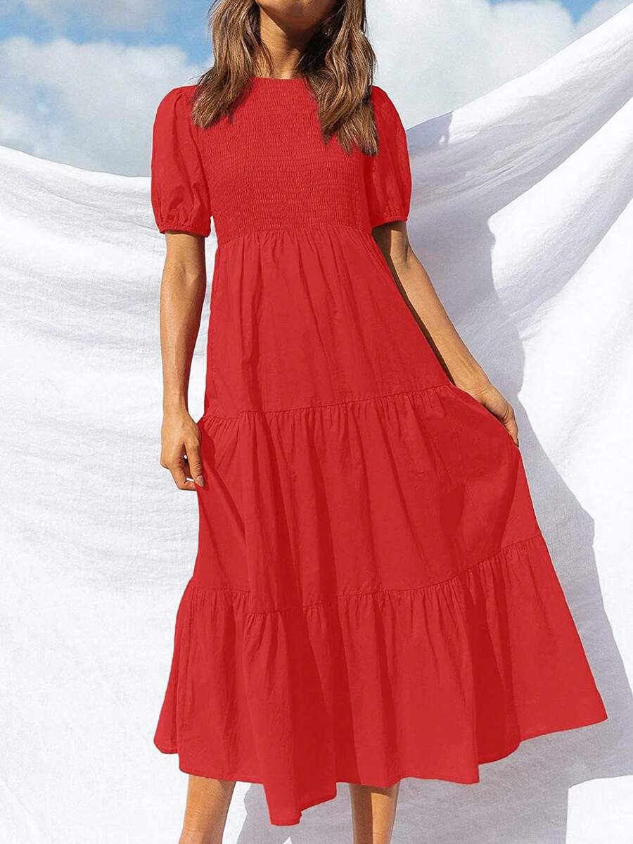 Puff Sleeves Dress With Shirred Panel - Red - View 1
