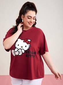 HELLO KITTY AND FRIENDS | SHEIN Plus Cartoon Letter Print Round Neck T-Shirt - Red - View 6