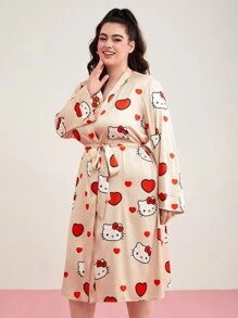 HELLO KITTY AND FRIENDS | SHEIN روب بأحجام كبيرة بتصميم كرتوني يحمل طبعة قلوب - كاكي - مشاهدة 3