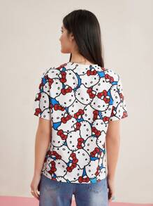 HELLO KITTY AND FRIENDS | SHEIN Camiseta De Manga Corta Con Estampado De Dibujos Animados En Todo El Cuerpo Y Cuello Redondo - Blanco - Ver 2