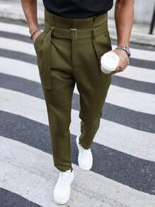 Manfinity Homme Men's Paper Bag Waist Straight Leg Trousers - Army Green - View 3