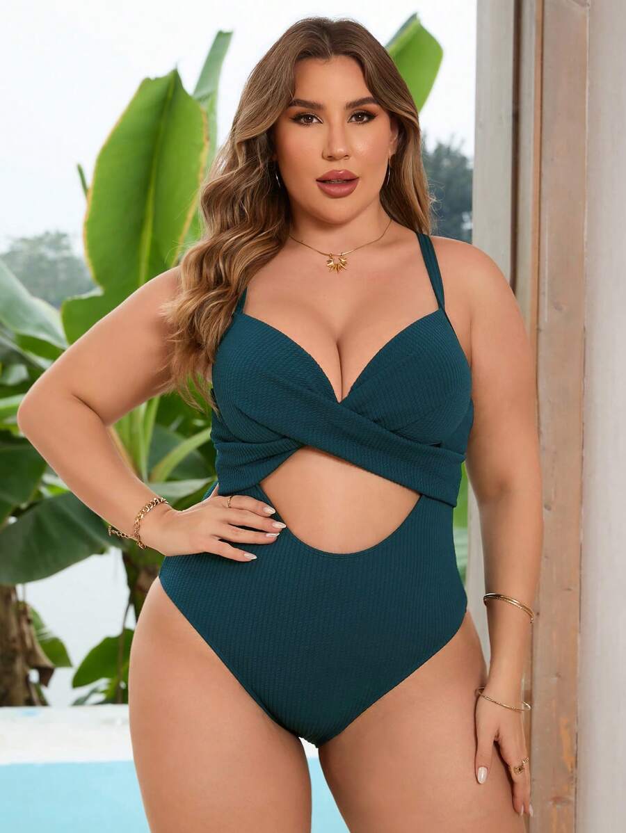 SHEIN Swim Curve Traje de baño de una pieza con abertura en unicolor para talla grande de verano