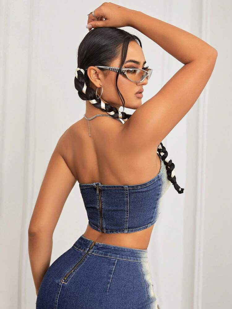 Women's Denim Strapless Top With Rivets