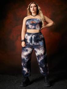 HOUSE OF THE DRAGON X SHEIN Plus Dragon Pattern Tie-Dye Print Two-Piece Set - Black - View 4