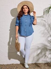 SHEIN LUNE 女款大尺碼荷葉邊裝飾正面羈絆牛仔襯衫 - 藍色 - 查看 6