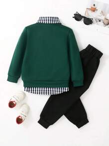 SHEIN 2pcs/Set Young Boy Cute Casual Yellow Embroidered Sweatshirt And Black Pants Comfortable Outfit, Spring