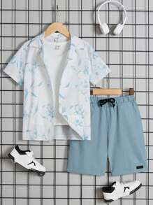 SHEIN 青少年男孩休閒舒適色塊兩件套 - 藍色 - 查看 1