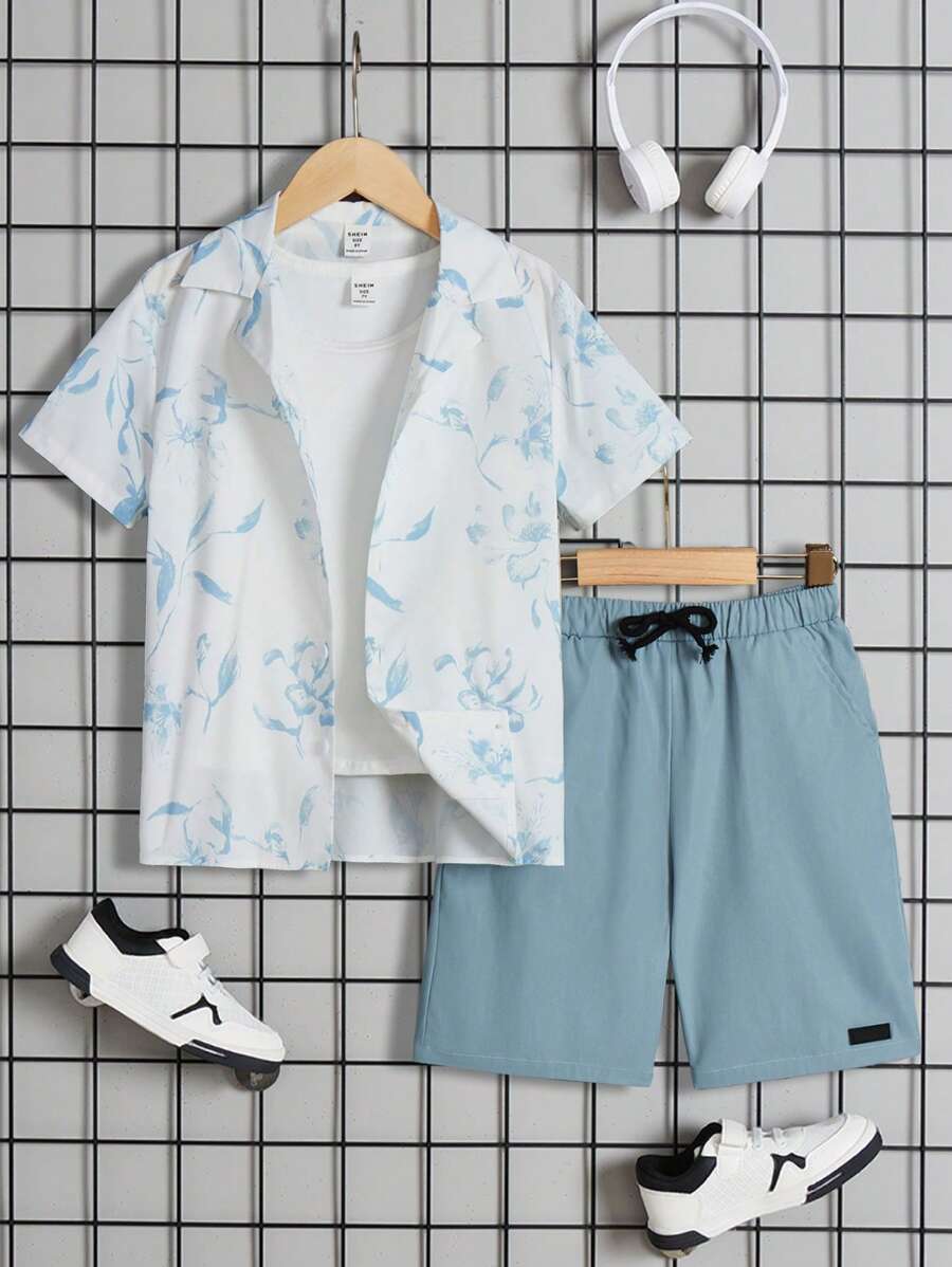 SHEIN 青少年男孩休閒舒適色塊兩件套 - 藍色 - 查看 1