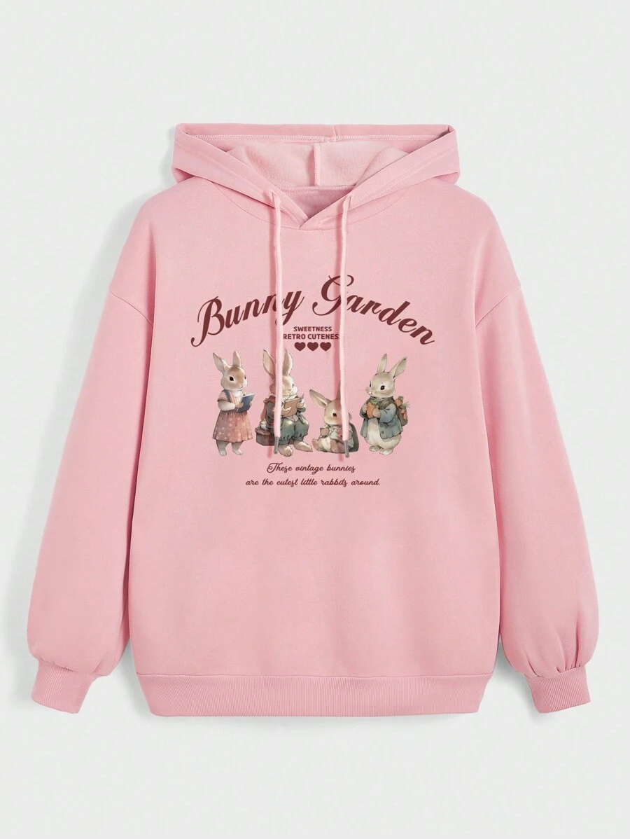 ROMWE Kawaii 女士休閒可愛兔子和旗語印花連帽衫 - 粉色 - 查看 1