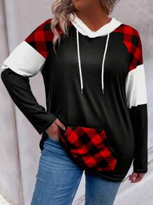 EMERY ROSE Camiseta De Talla Grande Con Capucha, Manga Raglán, Patrón De Cuadrícula Y Cordón - Multicolor - Ver 5