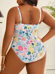 Swim Vcay Traje De Baño De Una Pieza Fruncido Con Estampado Floral Full Bloom De Talla Grande Y Pecho Acolchado - Multicolor - Ver 2