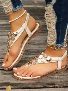 2024新款春/夏時尚彈性後掛帶金屬裝飾扣和腳趾環涼鞋,適用於假期和海灘,米色 - 米色 - 查看 4