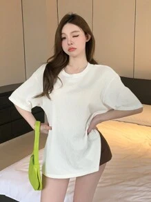 DAZY Women's Round Neck Drop Shoulder Short Sleeve T-Shirt - White - View 5