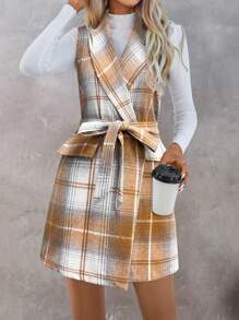 SHEIN Essnce 格子披肩領帶繫帶束腰連身裙 - 卡其色 - 查看 6