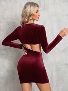 SHEIN Tall Women's Slim Fit Hollow Out Dress With Rhinestone Decor - Burgundy - View 2