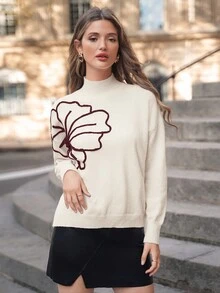SHEIN Frenchy 女士花繡半高領毛衣 - 酒紅色 - 查看 3
