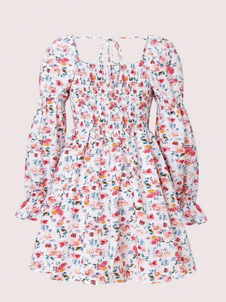 Random Floral Print Flare-Sleeve Dress
