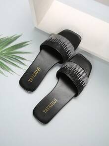 Flat-Toe Slide Sandals With Black Rhinestone Detailing For Women - Black - View 4