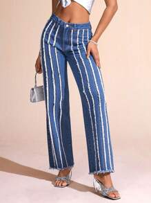 SHEIN BAE Ladies' Straight Leg Jeans With Frayed Patchwork