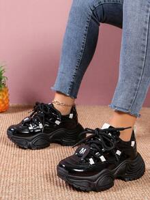 女士流行厚底運動鞋，雙魔術貼綁帶，皮革鞋面和金屬裝飾，休閒運動鞋，戶外厚底運動鞋 - 黑色 - 查看 2