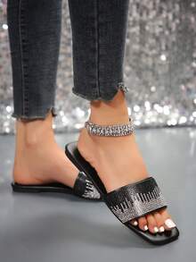 Flat-Toe Slide Sandals With Black Rhinestone Detailing For Women - Black - View 3