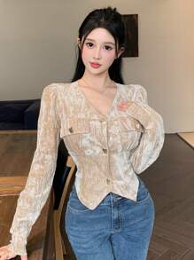 DAZY Của phụ nữ Cổ chữ V Tay áo dài Nút lên Áo sơ mi - Màu vàng - Xem 7