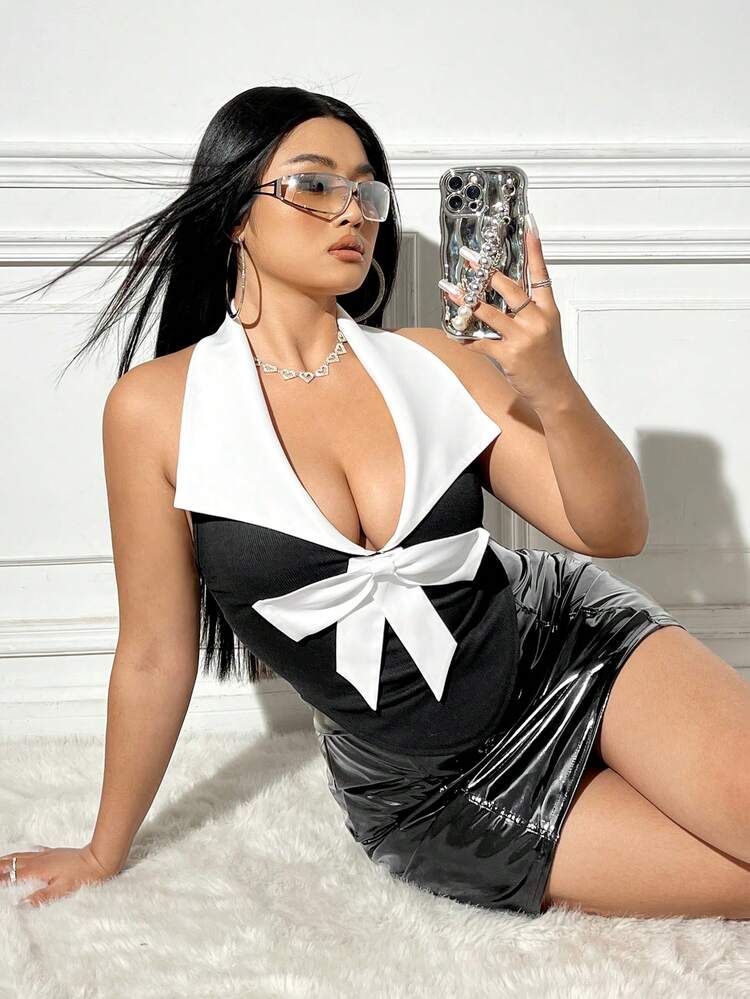 Plus Size Women's Color Block Front Tie Tank Top