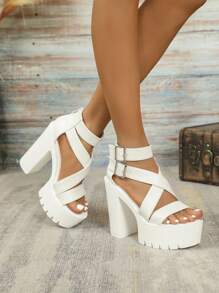 新品春夏超高跟厚底防水美式女鞋女高跟涼鞋 - 白色 - 查看 1