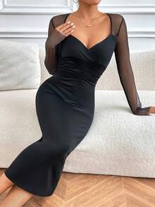 Mesh Splice Bodycon Pleated Sexy Dress - Black - View 6