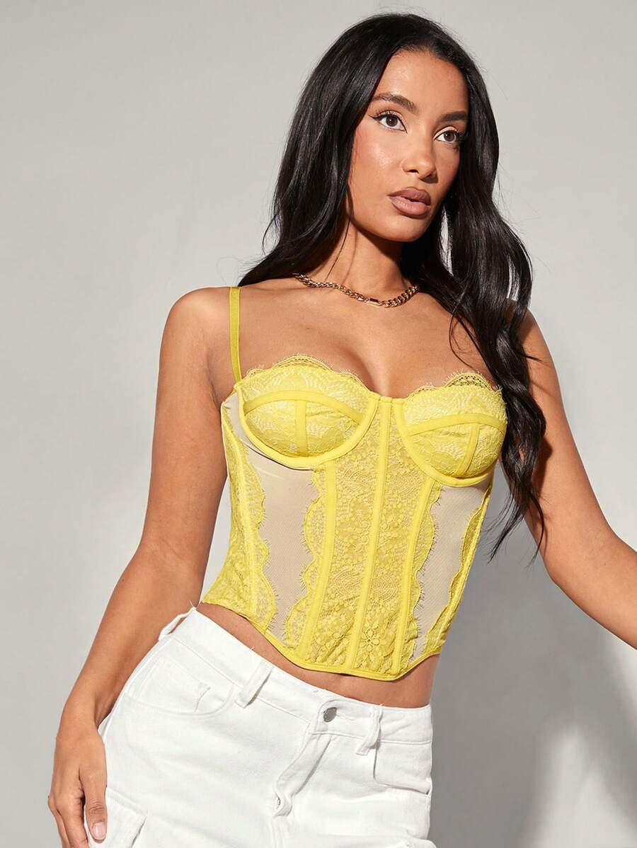 SHEIN BAE Women's Lace Spliced Mesh Corset Yellow Cami Top With Boning And Compression,For Spring,Summer - Yellow - View 1