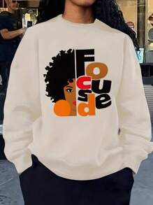 SHEIN Slayr 圓領寬鬆版型人像&字母印花長袖衫 - 杏色 - 查看 1