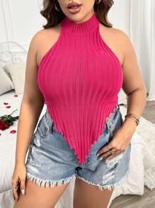 Flirla Kích thước lớn Màu thuần Halter Neck Dệt kim Áo ba lỗ Với Không lưng Thiết kế - Màu Hồng Tươi - Xem 2