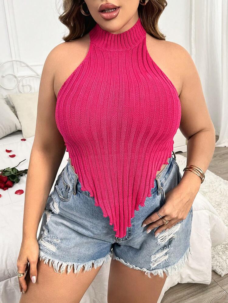 Plus Size Solid Color Halter Neck Knitted Tank Top With Backless Design